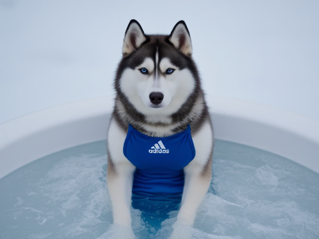 A anthropomorphic Siberian husky wearing a blue adidas swimsuit sitting in a ice bath