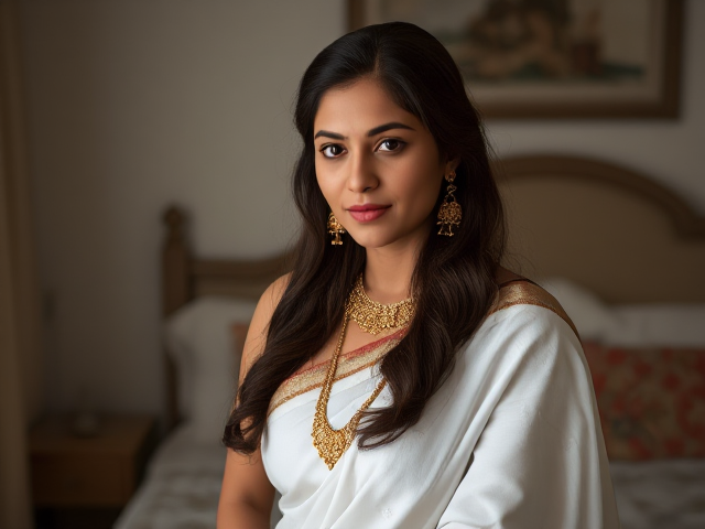 Indian woman with brown eyes, brown hair in a bedroom with a white saree on and gold bangels, earrings, rights, and anklets
