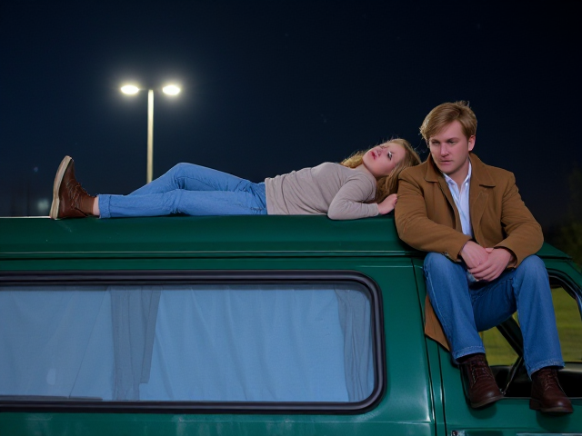A petite, 13 year old girl with strawberry blonde hair, wearing a pullover and  jeans, laying on the roof of a green, 1987 Chevy van. She is on her back, staring up at the night sky, stargazing. Besides her sits a modern day vampire in his twenties, with blonde hair and wearing a brown trenchcoat and jeans. He looks down, uneasy.