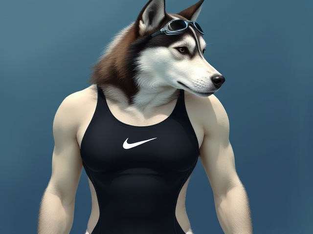 A tall Siberian Husky with a long torso and broad shoulders wearing a high cut Nike one piece swimsuit and swimming goggles