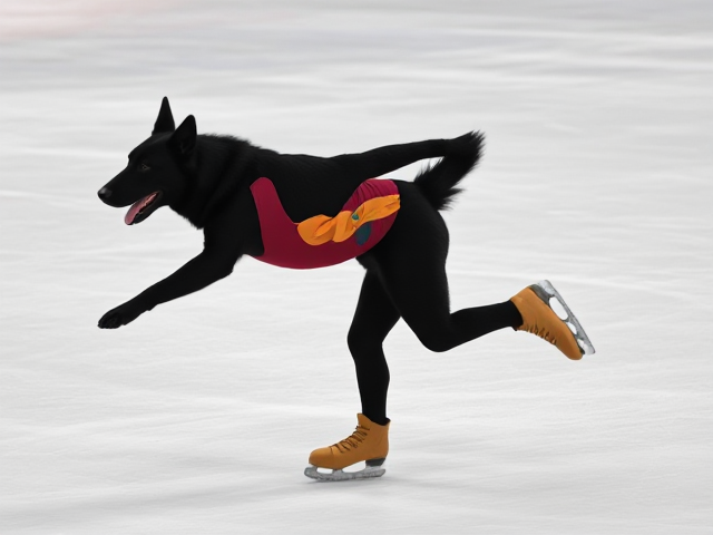 anthropomorphic black German shepherd, wearing a vibrant gymnastics leotard, gracefully ice skating on a smooth rink, dynamic motion captured