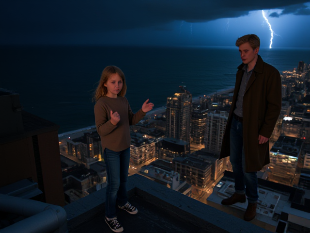 A petite 13-year-old girl with strawberry blonde hair, wearing a pullover and jeans, is standing on the roof ledge of a night club. Next to her on the roof, standing nearby is a modern-day, pale skinned vampire in his late twenties, with blonde hair, dressed in a brown trench coat and jeans. He appears uneasy as he looks at her. The girl gestures angrily at him, flailing her arms. A thunderstorm approaches the cityscape from the sea shore.