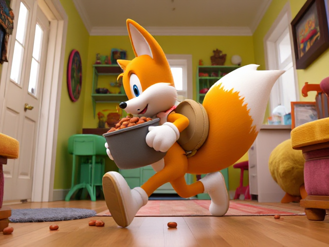 A side shot of A young and adorable depiction of a smaller, younger version of Miles "Tails" Prower the two tailed fox wearing gloves and white socks. He is running through a brightly lit, colorful house with playful decorations and furniture, carrying a GIANT pot of baked beans that he totally didn't steal. Beans are splashing out of the pot as Tails mischievously looks behind him to ensure he isn't being chased. His two fluffy tails are flowing behind him dynamically, adding to the sense of motion and excitement in the scene.