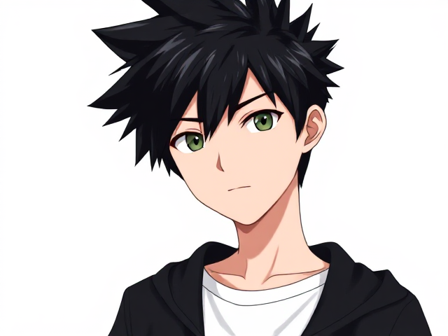 My hero academia inspired styled OC. Black spikey hair. Around 14. Wears a white T-shirt with a black jacket. 3/4 view. Green or grey eyes.