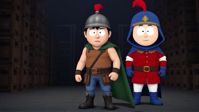 3D Cartoon scene: Stan Marsh from South Park, light skin and black hair, but as a 14-Year Old teenager with an extremely muscular torso, wearing a light brown tank top, a black belt with brown pouches and a red buckle adorned with a castle emblem, with a few pouches and the scabbard for his sword attached to it, blue jeans, steel armored boots, jeweled wrist cuffs, a really big, heel-length, ultra-wide green cape held up by two silver buttons with red jewels tethered by a strong wire connecting them both, and a blue helmet with one silhouetted buffalo head emblem on both sides, outlined by silver steel rims lined around and across the top, with a really long red feather sticking out at the top. He is now known as Sir Marsh. Despite still being a young teenage kid, he is the Youngest Commander of the Zaronian Army, and one of the youngest and greatest heroes hailing from South Park, Colorado, but now reborn as the real life Kingdom of Kupa Keep, Zaron. Joining him is Clyde Donovan from South Park, light skin and brown hair, but also as a 14-year old teenager, dressed as a medieval prince wearing a red shirt with white sleeves, a black belt with brown pouches and a golden buckle, white pants, blue boots, blue long-cuffed gloves, and a really big, heel-length, ultra-wide blue hooded cape wreathed around his neck. He is now known as Prince Donovan. Despite still being a teenage kid, he is the youngest ruler and one of the greatest heroes of South Park, Colorado, now reborn as the real life Kingdom of Kupa Keep, Zaron. In this scene, Sir Marsh and Prince Donovan, the young teenage friends and heroes, are currently finding themselves in a dark factory where they hide behind a large stack of crates, beginning their infiltration into the villain's lair. Sir Marsh tells Prince Donovan that they need a plan to sneak in, so the two friends begin to think of one.
