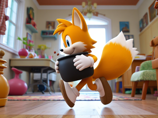 A side shot of A young and adorable depiction of a smaller, younger version of Miles "Tails" Prower wearing gloves and white socks. He is running through a brightly lit, colorful house with playful decorations and furniture, carrying a GIANT pot of baked beans that he totally didn't steal. Beans are splashing out of the pot as Tails mischievously looks behind him to ensure he isn't being chased. His two tails are flowing behind him dynamically, adding to the sense of motion and excitement in the scene.