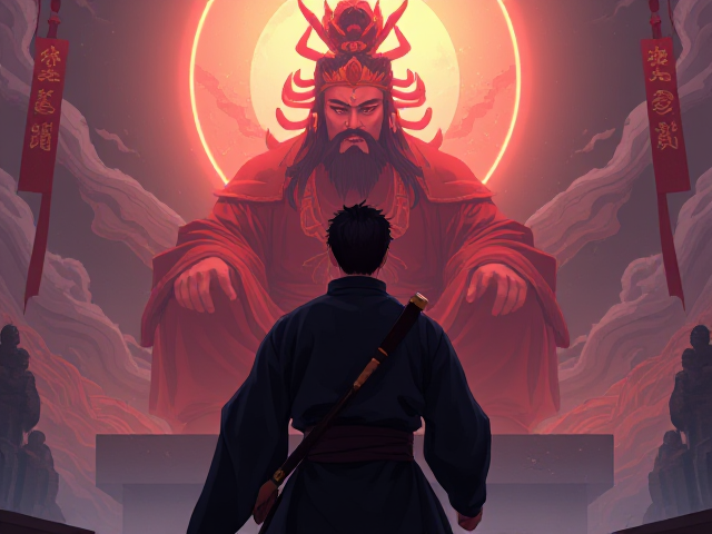 A man with a magical glowing red and black Chinese style katana with short black hair wearing Chinese mythology clothing facing away staring at the big god if all gods, Shangdi, sitting cross leg style very huge in front of him, anime