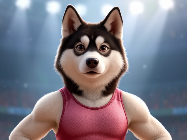 A Alaskan malamute Olympic gymnast with broad shoulders wearing a leotard
