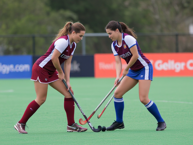 Beautiful middle aged field hockey woman in a burgundy uniform with knee high socks faces off against a beautiful middle aged field hockey woman in a blue and white uniform with knee high socks