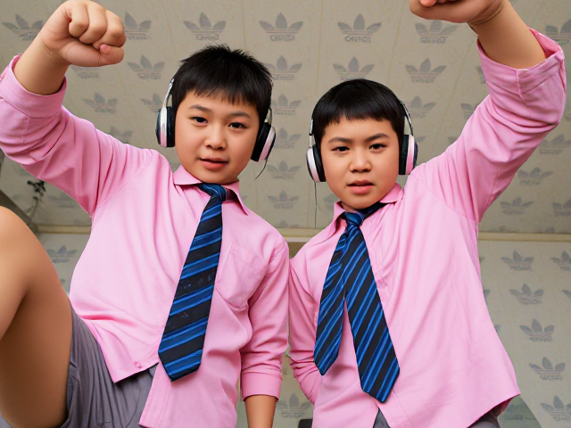 Close-up view of two fierce Japanese kids standing confidently. They have short haircuts and are stomping with one leg raised, arms raised in a dominant pose. They're wearing pink collared long-sleeve shirts with large blue striped ties, headphones on their ears, and smartwatches on their wrists. The background features Adidas logos as wallpaper. The perspective is from a low angle, emphasizing their conquering stance. Their faces display angry determination with frowned eyebrows, pursed lips, and clenched fists