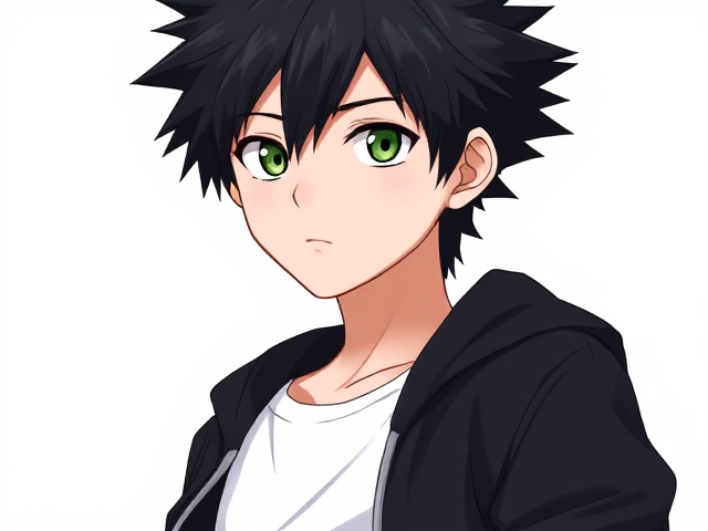 My hero academia inspired styled OC. Black spikey hair. Around 14. Wears a white T-shirt with a black jacket. 3/4 view. Green or grey eyes. Full head in view