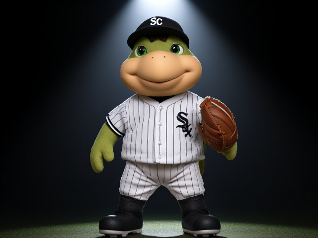 A big stocky stuffed animal turtle green eyed wearing a white Sox uniform black jersey white pants black socks black cleats wearing leg guards wearing a catchers mitt smiling