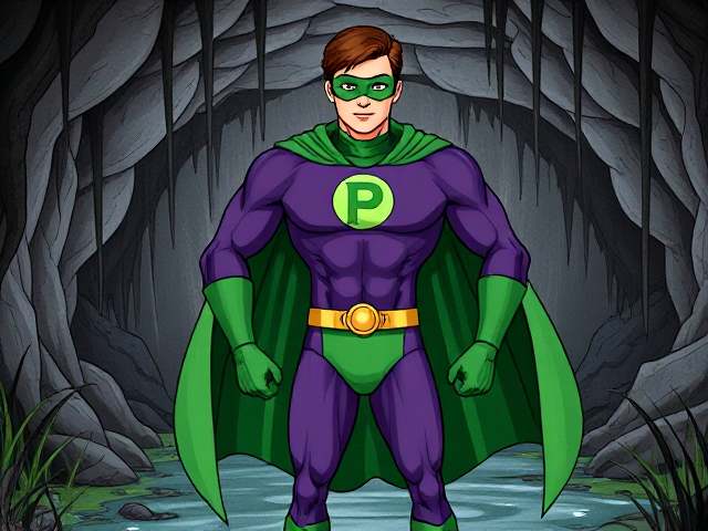 Cartoon scene: A young, Autistic 25-year old boy with light skin and flat, smooth, and slick brown hair named T.J. Granger, but transformed into a genetically-altered superhero named Powerman, who, despite still being a young adult kid, has an extremely muscular body. He wears a sleek purple suit with a green P symbol on his chest, a gold belt with a circular buckle, green briefs, green boots, green long-cuffed gloves, a really big, toe-length long, ultra-wide green cape wreathed around his neck, and a green eye mask that protects his true identity. He also has incredible and invincible superpowers flowing through his veins. In this scene, Powerman is currently standing in his secret high-tech underground lair, awaiting a call from his masters about his next mission.
