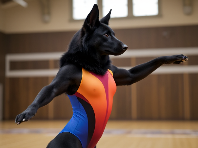 Anthropomorphic black German shepherd in a colorful gymnastics leotard performing in a gymnasium, dynamic pose, detailed fur, vivid colors, expressive eyes