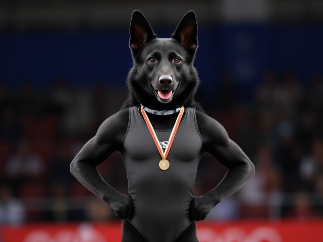 A anthropomorphic black German shepherd Olympic gymnast wearing a leotard