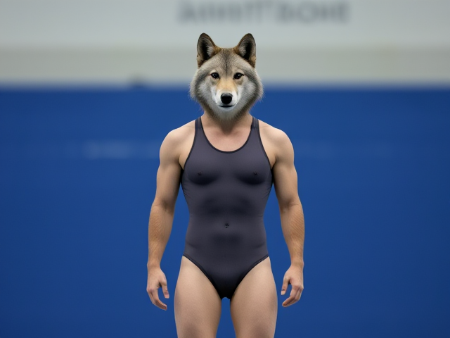 A tall gray wolf Olympic swimmer with long arms, short legs, broad shoulders and a long torso wearing a one piece swimsuit