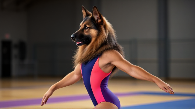 Anthropomorphic Long-Haired German Shepherd wearing a vibrant gymnastics leotard, posing dynamically in a gym setting, detailed fur texture and realistic lighting