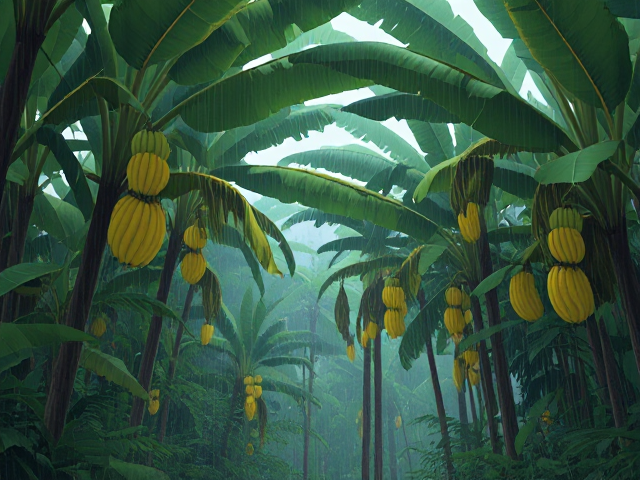 illustrative  Disney 1980's art. A lush vast tropical forest with banana trees bearing ripe bananas hanging naturally. It's raining.