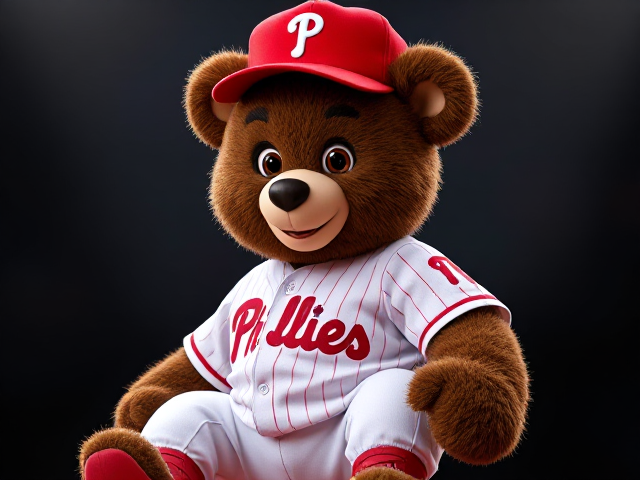A  stocky human teddy bear brown fur brown eyes wearing a Phillies uniform red hat white jersey white baseball pants red socks and red cleats smiling