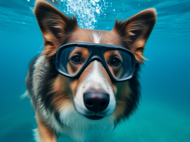 A rough collie wearing Freediving goggles underwater