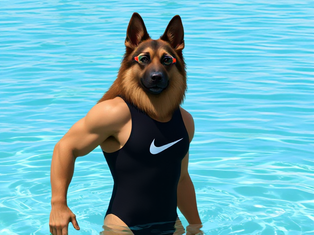 A tall anthropomorphic long haired German shepherd with a long torso and broad shoulders wearing a Nike high cut one piece swimsuit and swimming goggles