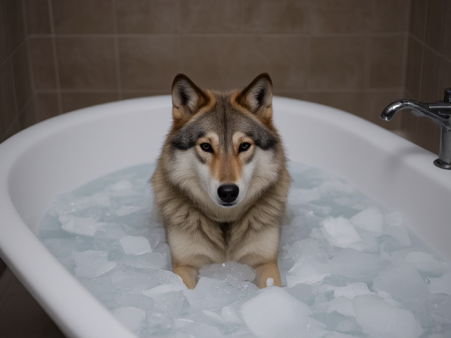 A wolf sitting in a bathtub full of ice