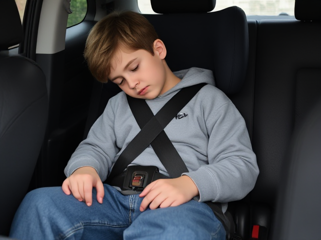 picture a tween boy sleeping in a booster seat. he is secured with a 5-point-harness. he is wearing baggy jeans and a hoodie
