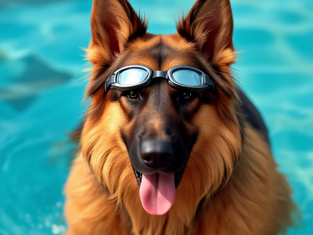 A anthropomorphic long haired German shepherd wearing a racing swimsuit and swimming goggles