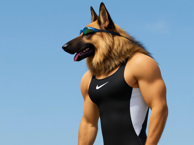 A tall and lean anthropomorphic long haired German shepherd with a long torso and broad shoulders wearing a high cut Nike one piece swimsuit and swimming goggles