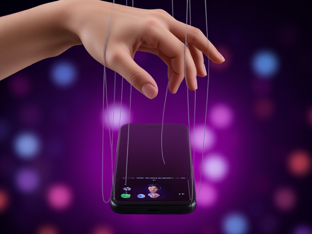 fait moi une image représentant une manipulation des réseau sociaux avec une main marionnette sur un téléphone ou une personne regarde instagrame ( on voit la tête de la personne et la main manipulatrice a des files au bout des doight )