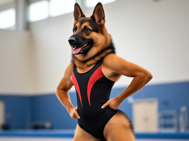 Anthropomorphic German shepherd wearing a gymnastics leotard, posing with emphasis on its hips in a gymnasium setting, detailed and vibrant colors