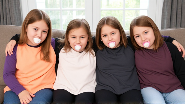 Quatre filles adolescentes aux cheveux lisses et dégagé et de différentes couleurs a l'avant assis dans un canapé avec des grands bavoirs simple de différentes couleurs et des tétines en bouches elles sont en tee-shirts manches longues de différentes couleurs foncées que les Bavoirs et avec des pantalons elle se font un gros câlin et il y a une grande fenêtre derrière le canapé