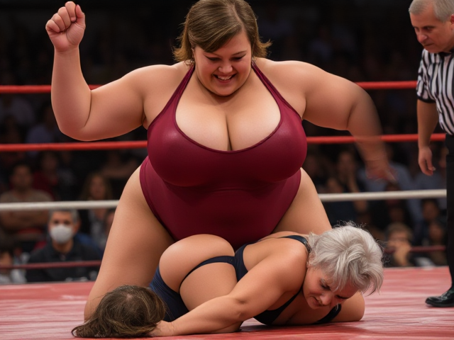 A dramatic and climactic moment at the apex of a wrestling match between two seasoned veterans, Martha and Wanda. Martha, a beautiful well- kept 57-year-old powerhouse with voluminous 38DD breasts, is captured in a moment of victory as they strain against the confines of her skintight maroon one-piece bathing suit, the fabric stretched taut and gleaming with sweat. Her body, a testament to decades of rigorous training and athleticism, is poised over her opponent, her muscular arms flexed as she pins Wanda's shoulders firmly to the mat. Wanda, a silver-haired 56-year-old adversary with a formidable 36E physique of her own, gazes up at Martha with a mix of admiration and defeat. The tension in the air is palpable as Wanda's equally substantial breasts are compressed beneath Martha's, the two sets of curves symbolizing both their rivalry and shared history in the sport. The mat, a canvas of struggle and triumph, is framed by a blur of spectators in the background, their cheers and gasps lost in the intensity of the scene. Martha's smile is one of satisfaction and vindication, knowing that she has proven herself as the superior wrestler once and for all. This moment encapsulates not just the physical prowess of these two women but also the depth of their rivalry and mutual respect. As the referee raises Martha's hand, the viewer is invited to reflect on the end of an era as she prepares to step out of the ring for the final time, leaving behind a legacy that will be remembered for years to come.