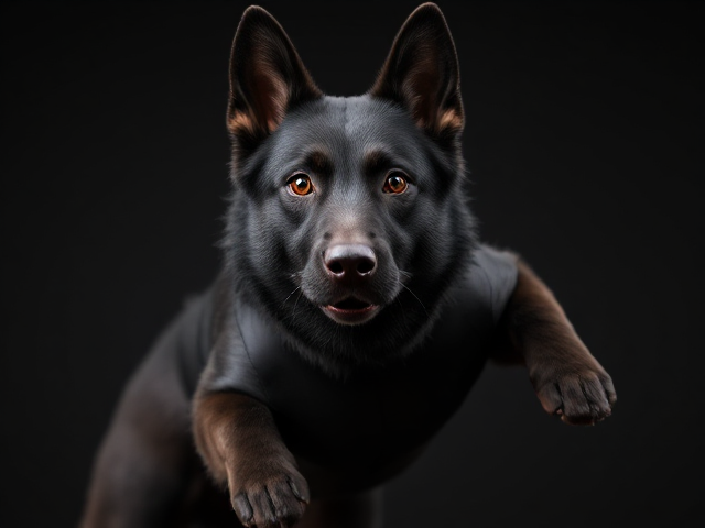 Anthropomorphic black German shepherd with expressive eyes and glossy coat, wearing a designed gymnastics leotard, dynamic pose capturing motion, realistic lighting and shadows, vibrant colors, lifelike fur texture