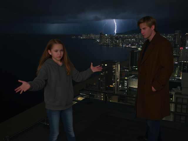 A petite 13-year-old girl with strawberry blonde hair, wearing a hooded pullover and jeans, is standing on the roof ledge of a night club. Next to her on the roof, standing nearby is a modern-day, pale skinned vampire in his late twenties, with blonde hair, dressed in a brown trench coat and jeans. He appears uneasy as he looks at her. The girl gestures angrily at him, flailing her arms outwards and scowling at him. A thunderstorm approaches the cityscape from the sea shore. Set at night.