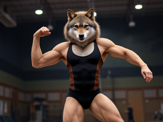 Wolf in leotard, athletic pose, gymnasium, muscular build, detailed fur texture, dynamic lighting, high-resolution background, vibrant colors