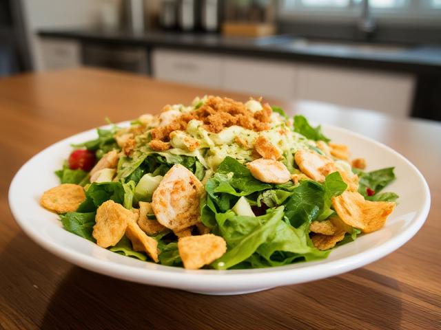 on a well appointed table in a modern kitchen we find This keto chicken Caesar salad is a classic, packed with protein and flavor. The pork rinds add a satisfying crunch while keeping it low-carb. Perfect for a quick and delicious lunch!