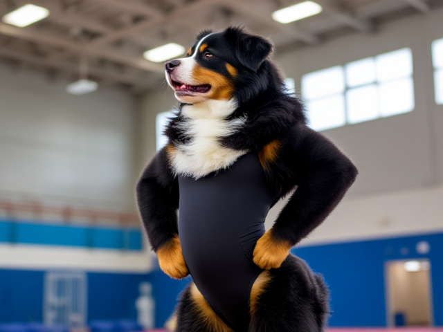 Bernese mountain dog with strong hips, wearing a gymnastics leotard, inside a gymnasium, dynamic pose, vibrant lighting, detailed fur