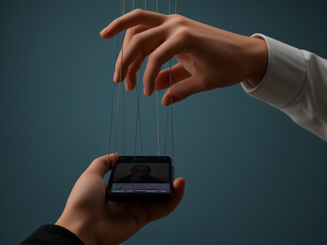 fait moi une image représentant une manipulation des réseau sociaux avec une main marionnette sur un téléphone ou une personne regarde instagrame ( on voit la tête de la personne et la main manipulatrice a des files au bout des doight )
