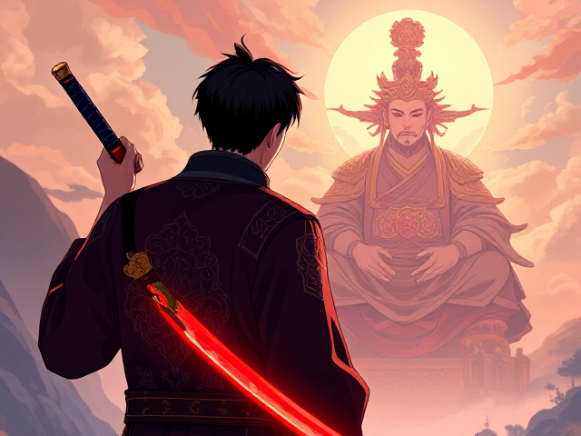 A man with short black hair, holding a magical glowing red and black Chinese-style straight short katana in his right hand, wearing intricate traditional Chinese mythology clothing. He stands facing away, gazing at the towering figure of Shangdi, the supreme god, who sits cross-legged before him. The scene is illustrated in a vibrant anime style