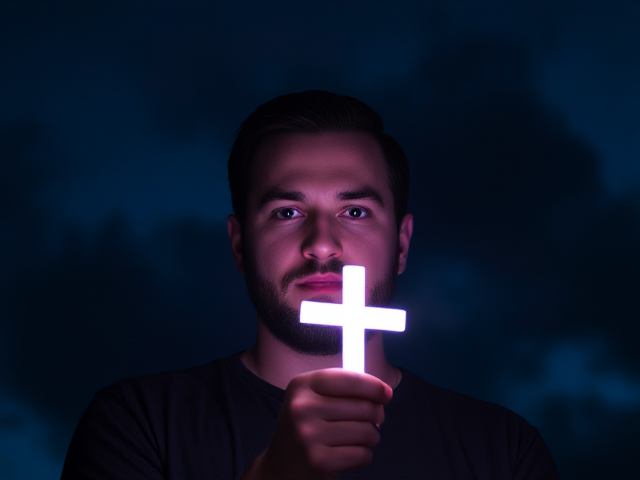 A man in deep blue coloring shining his mini cross in hand bright to a dark cloud to the right