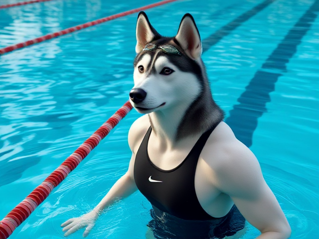 A tall anthropomorphic Siberian husky with a long torso and broad shoulders, wearing a high cut Nike one piece swimsuit and swimming goggles, in a Olympic swimming pool
