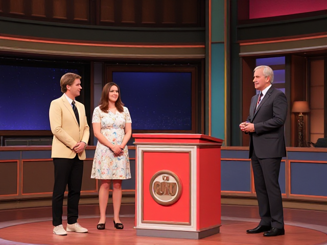 A game show studio with a host and two contestants. the contestants are standing at a small lectern and the host is to their right.  the studio set is decorated with a retro 70's and 80's aesthetic, colorful retro.