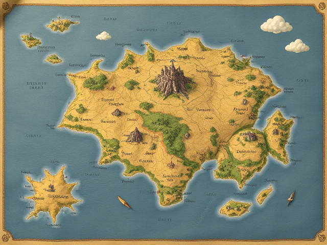 A flat fantasy map on a paper of a lot of big and small islands with fantasy writing names that you can’t even read and kingdoms with no color, anime