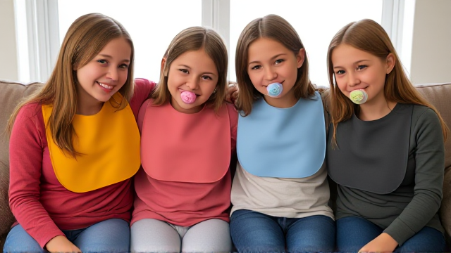 Quatre filles adolescentes aux cheveux lisses et dégagé et de différentes couleurs a l'avant assis dans un canapé avec des très grands Bavoirs simple de différentes couleurs en plastique et des tétines en bouches elles sont en tee-shirts manches longues de différentes couleurs que les Bavoirs et ont des et elles se font un gros câlin et il y a une grande fenêtre derrière le canapé