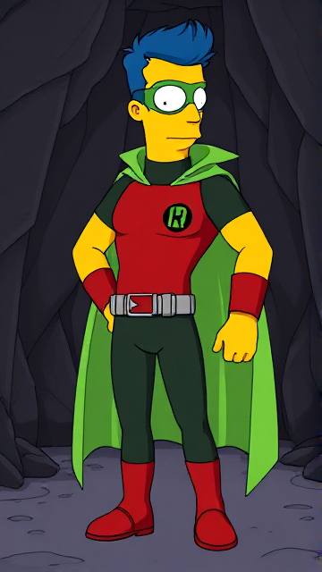 Cartoon scene: Milhouse Van Houten from The Simpsons, with his yellow skin, really big round nose, and blue hair that's slicked back and curled up at the top, but as a tall, 18-year old teenager, dressed as a parodied version of Robin, The Boy Wonder, with an extremely muscular body, wearing a dark green bodysuit with a red torso adorned with a small black circle with a light-green "H" symbol on his left pectoral, a silver utility belt with a red square buckle with silver pouches attached to it that hold all of his unique gadgets, red boots, red long-cuffed gloves, a really big, toe-length long, ultra-wide light-green cape wreathed around his neck held up by an inverted silver triangular button, and a light-green eye mask with optical lenses in it that protects his true identity, now known as Houseboy, The Nerd Wonder, the other half of Springfield's Dynamic Duo, and one of the greatest vigilante superheroes ever known in Springfield. In this scene, Houseboy is currently standing in his dark, secret high-tech lair deep underground, the House Cave, ready for action.
