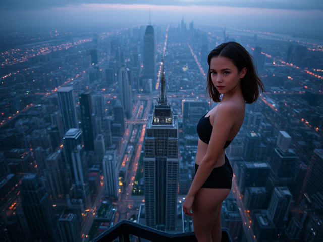 13-year-old girl, adorably cute with a toned and muscular physique, standing majestically over a vast cityscape at an incredible height, a tiny building perched on her chest for scale and perspective, hyper-realistic details, dramatic lighting and atmosphere