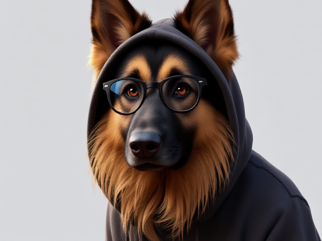 A anthropomorphic long-haired German shepherd wearing a hoodie, glasses, and leggings
