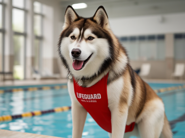 A anthropomorphic alaskan malamute wearing a red lifeguard one piece swimsuit. Indoor pool setting