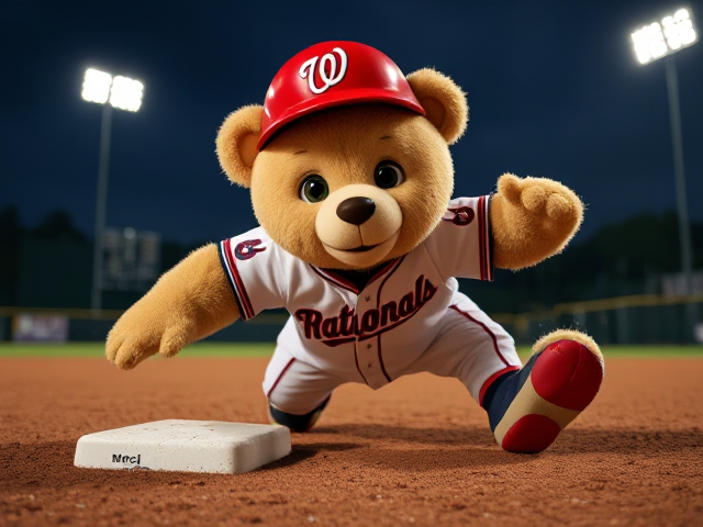 thin athletic human teddy bear 5 feet 5 inches tall  creme fur green eyes wearing a nationals uniform red helmet with a white letter N logo white jersey with Nats written across the front in navy and red white baseball pants with red and navy piping down the sides red baseball socks navy and red baseball cleats diving headfirst on the dirt into second base on a minor league baseball field